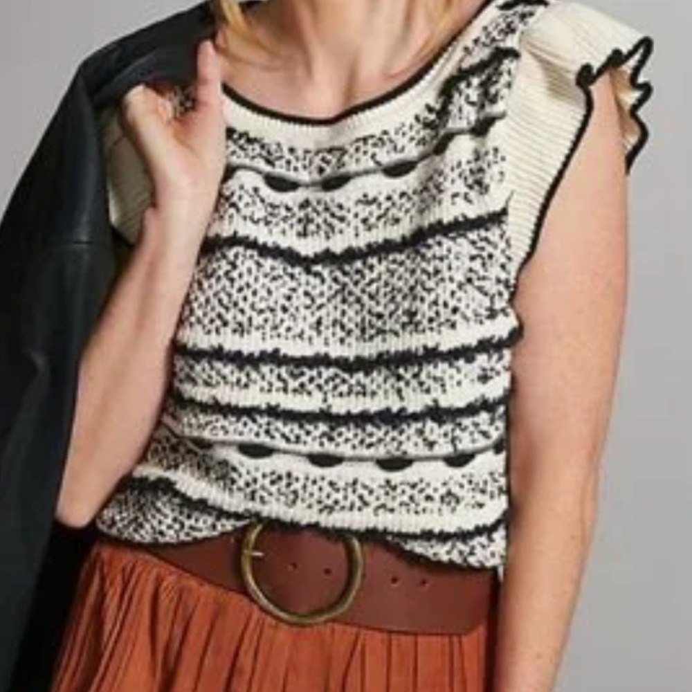 Anthropologie Striped Black & White Woven Ruffle Top Size M